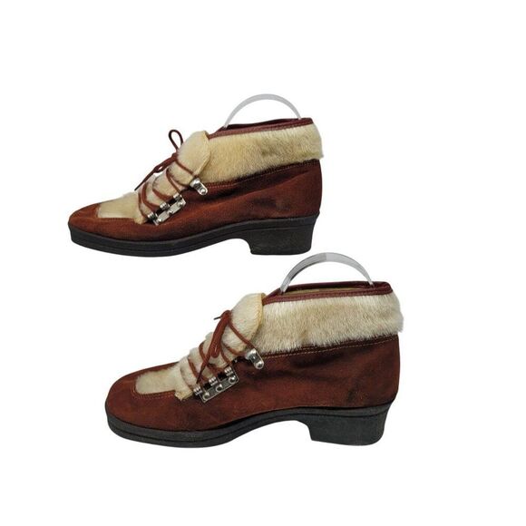Vtg Italian Snow Boots Rust Suede Cream Faux Fur Lace-Up Ankle Booties US Sz 6 - Picture 9 of 13